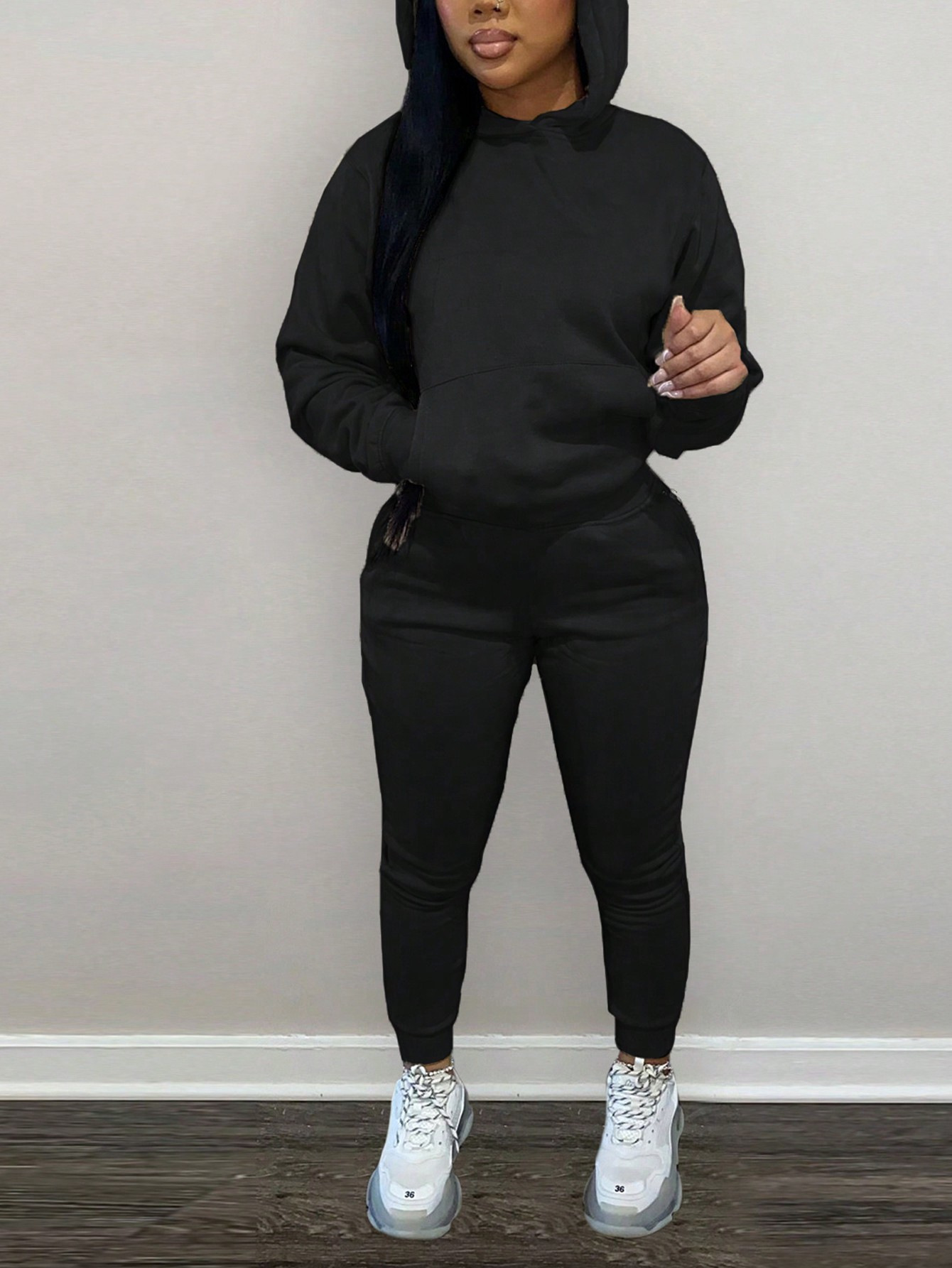 Women Solid Hoodies and Pant Two-Piece Set