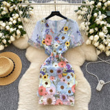 Women Summer French V-Neck Lantern Sleeve Embroidered Mesh Puff Sleeve Dress