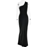 Women's Sexy Glitter One-Shoulder Pleated Slim Fit Long Dress