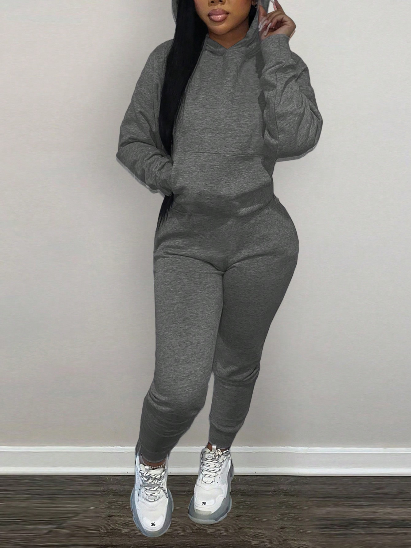 Women Solid Hoodies and Pant Two-Piece Set