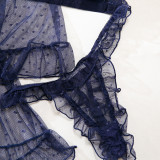Women's Sexy Polka Dot See-Through Lace Ruffle Robe Three-Piece Lingerie
