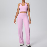 Women Solid Halter Neck Top and Wide-Leg Pants Yoga Sports Running Fitness Two-Piece Set