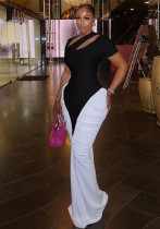 Women's Fashion Black White Pleated Cut-Out Short Sleeve Slim Waist Bodycon Long Dress