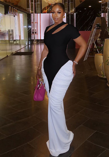 Women's Fashion Black White Pleated Cut-Out Short Sleeve Slim Waist Bodycon Long Dress