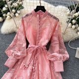 Women French Elegant Lace-Up Hollow-Out Embroidered Dress