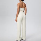 Women Solid Halter Neck Top and Wide-Leg Pants Yoga Sports Running Fitness Two-Piece Set