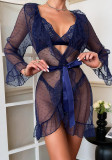 Women's Sexy Polka Dot See-Through Lace Ruffle Robe Three-Piece Lingerie