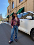 Women's Burgundy Slim Waist Short Turndown Collar Metal Button PU Leather Jacket
