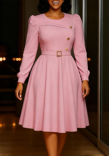 Women's Round Neck Long Sleeve High Waist Elegant Party Solid A-Line Dress