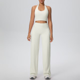 Women Solid Halter Neck Top and Wide-Leg Pants Yoga Sports Running Fitness Two-Piece Set