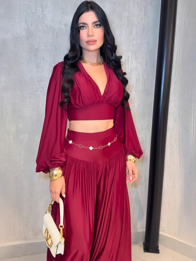 Summer Women's Pleated Cropped Top Wide Leg Pants Two-Piece Set