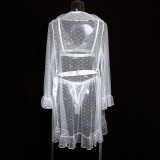 Women's Sexy Polka Dot See-Through Lace Ruffle Robe Three-Piece Lingerie