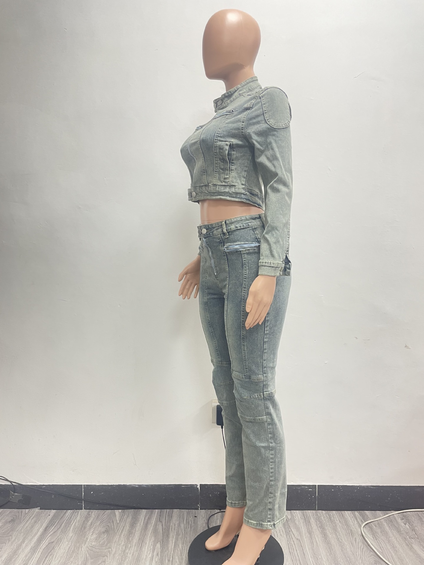 Women's Fashion Sexy Casual High Stretch Patchwork Washed Denim Two-Piece Pants Set