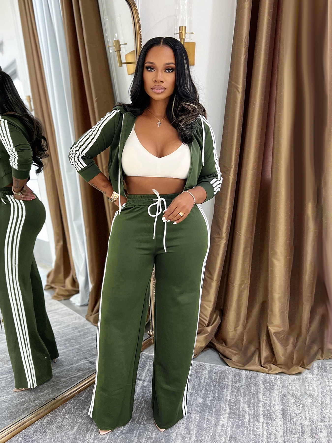 Women Casual Zipper Top and Pant Two Piece Set