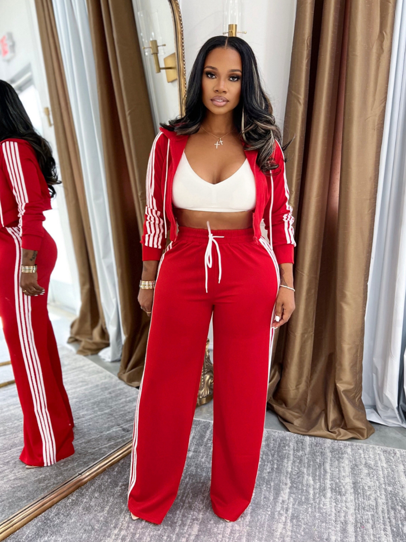 Women Casual Zipper Top and Pant Two Piece Set