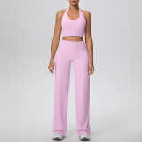 Women Solid Halter Neck Top and Wide-Leg Pants Yoga Sports Running Fitness Two-Piece Set