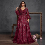 Plus Size Women's Elegant Sequin Pleated V-Neck Long Sleeve Evening Dress