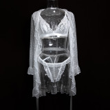 Women's Sexy Polka Dot See-Through Lace Ruffle Robe Three-Piece Lingerie