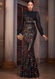 Women's Luxury Formal Party Long Sleeve Round Neck Sequin Mermaid Evening Gown