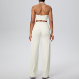 Women Solid Halter Neck Top and Wide-Leg Pants Yoga Sports Running Fitness Two-Piece Set