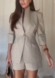Women's Chic Solid Short Sleeve Slim Fit Suit Two-Piece Blazer Shorts Set
