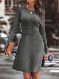 Autumn Winter Women's Chic Solid Round Neck Slim Elegant Knitting A-Line Dress