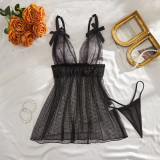 Women's Sexy Black Polka Dot Mesh Lace Patchwork See-Through Thong Strap Nightdress Set