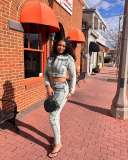 Women's Fashion Sexy Casual High Stretch Patchwork Washed Denim Two-Piece Pants Set