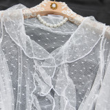 Women's Sexy Polka Dot See-Through Lace Ruffle Robe Three-Piece Lingerie