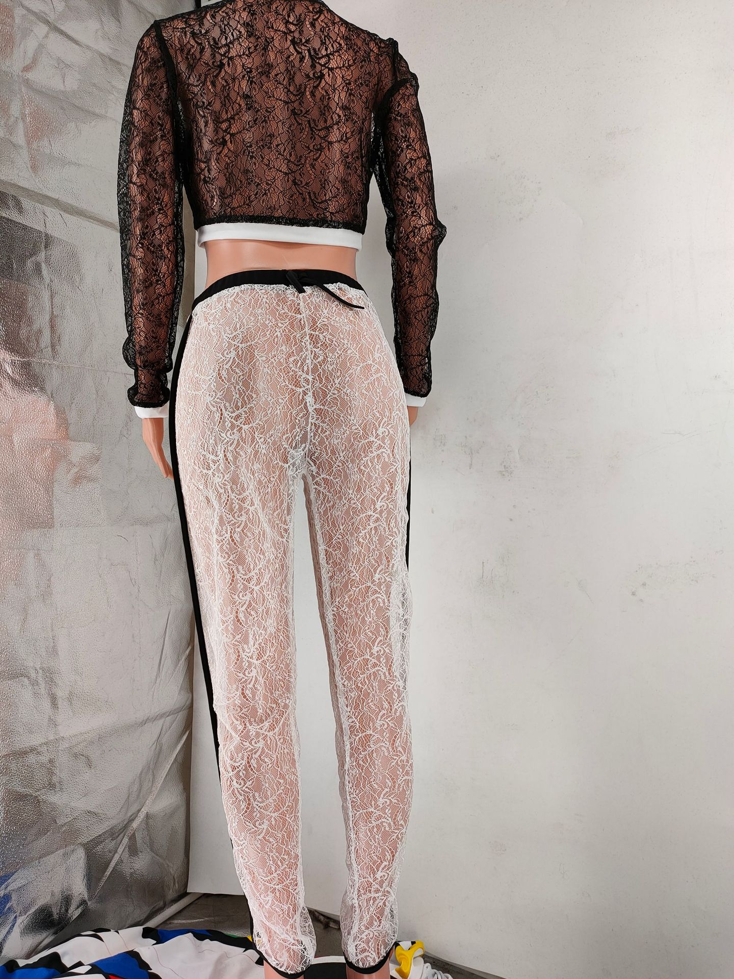 Autumn Women's Sexy Lace Long Sleeve Crop Two-Piece Pants Set