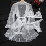 Women's Sexy Polka Dot See-Through Lace Ruffle Robe Three-Piece Lingerie