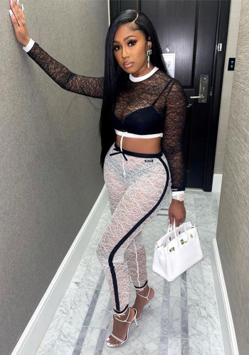 Autumn Women's Sexy Lace Long Sleeve Crop Two-Piece Pants Set