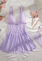 Women's Sexy Lace Bow See-Through Thong trap Nightdress Set