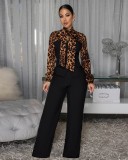Women's Elegant Leopard Print Patchwork Tie Waist Wide Leg Jumpsuit