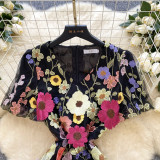 Women Summer French V-Neck Lantern Sleeve Embroidered Mesh Puff Sleeve Dress