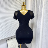 Women Summer Streetchy Mesh V-Neck Sexy Bodycon Dress