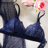 Women's Sexy Polka Dot See-Through Lace Ruffle Robe Three-Piece Lingerie