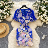 Women Summer French V-Neck Lantern Sleeve Embroidered Mesh Puff Sleeve Dress