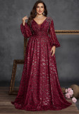 Plus Size Women's Elegant Sequin Pleated V-Neck Long Sleeve Evening Dress