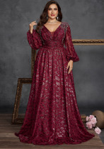 Plus Size Women's Elegant Sequin Pleated V-Neck Long Sleeve Evening Dress