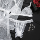 Women's Sexy Polka Dot See-Through Lace Ruffle Robe Three-Piece Lingerie