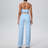 Women Solid Halter Neck Top and Wide-Leg Pants Yoga Sports Running Fitness Two-Piece Set