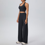 Women Solid Halter Neck Top and Wide-Leg Pants Yoga Sports Running Fitness Two-Piece Set