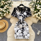 Women Summer French V-Neck Lantern Sleeve Embroidered Mesh Puff Sleeve Dress