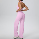 Women Solid Halter Neck Top and Wide-Leg Pants Yoga Sports Running Fitness Two-Piece Set