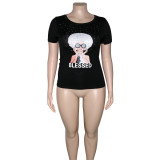 Plus Size Women Summer Letter Portrait Print Round Neck T-Shirt