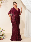 Autumn Winter Women's Chic Career Formal Plus Size Chiffon Patchwork Sequin V-Neck Short Sleeve Evening Gown
