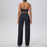 Women Solid Halter Neck Top and Wide-Leg Pants Yoga Sports Running Fitness Two-Piece Set