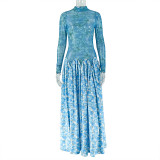 Women's Print Patchwork Sheer High Neck Elastic Long Sleeve A-Line Dress