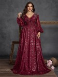 Plus Size Women's Elegant Sequin Pleated V-Neck Long Sleeve Evening Dress